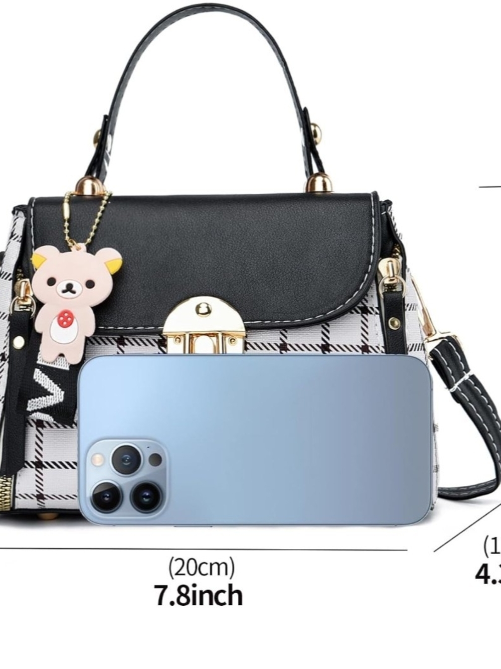 Plaid Black and White Top-Handle Satchel with Charm - Picture 3 of 16